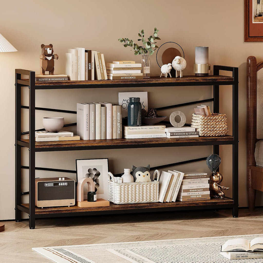 3 Tier Bookshelf 47.24' Width, Wood and Metal Etagere Bookcase, Vintage Farmhouse Modern Wooden Large Book Shelf for Home Living Room Bedroom Office Storage(Rustic Brown)