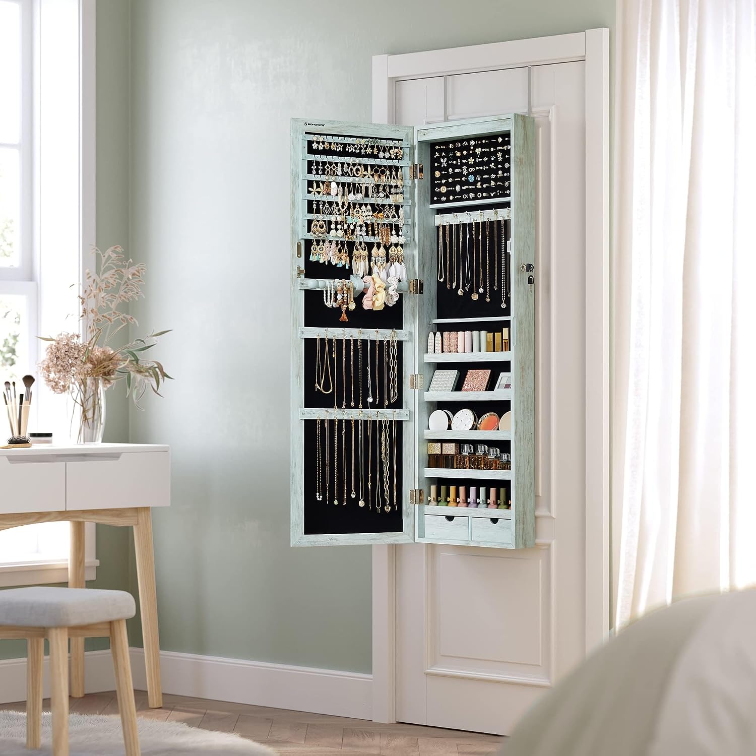 SONGMICS 6 LEDs Mirror Jewelry Cabinet, 47.2-Inch Tall Lockable Wall or Door Mounted Jewelry Armoire Organizer with Mirror, 2 Drawers, 3.9 x 14.6 x 47.2 Inches, Rustic Green UJJC93UJ