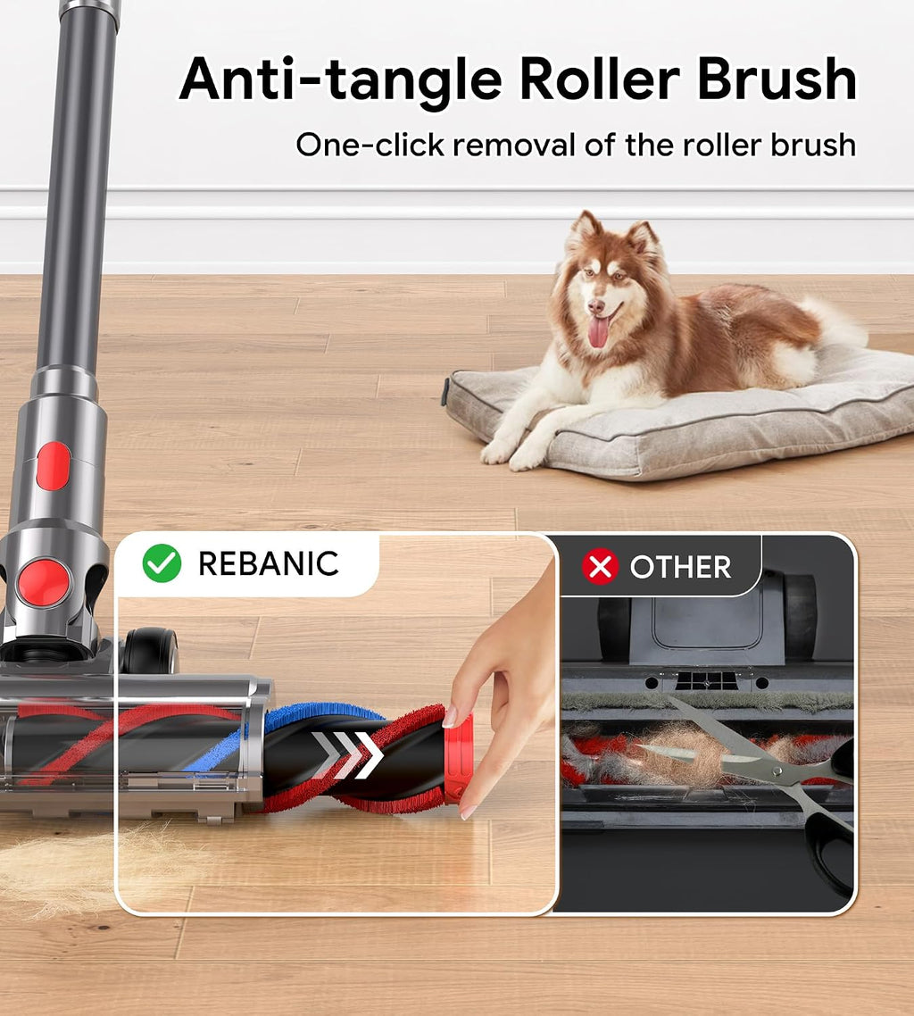 REBANIC Cordless Vacuum Cleaners for Home,8-in-1/65Min/600W/48Kpa Powerful Suction,Self-Standing Cordless Stick Vacuum Cleaner,Lightweight Anti-Tangle Rechargeable Vacuum for Floor/Carpet/Pet Hair/Car
