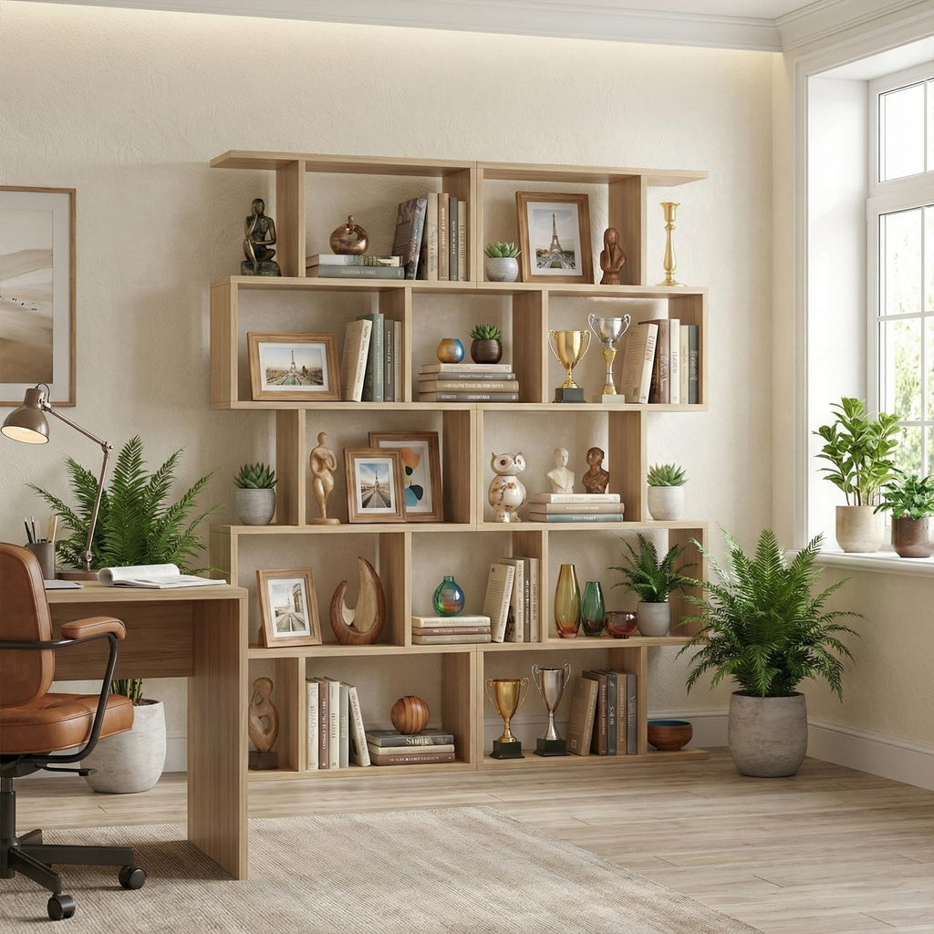 DIYART 5-Tier Geometric Bookcase (Set of 2), 62.6' Tall S-Shaped Bookshelf & Room Divider, Modern Oak Freestanding Display Shelving Unit for Living Room, Hallway, Home Office