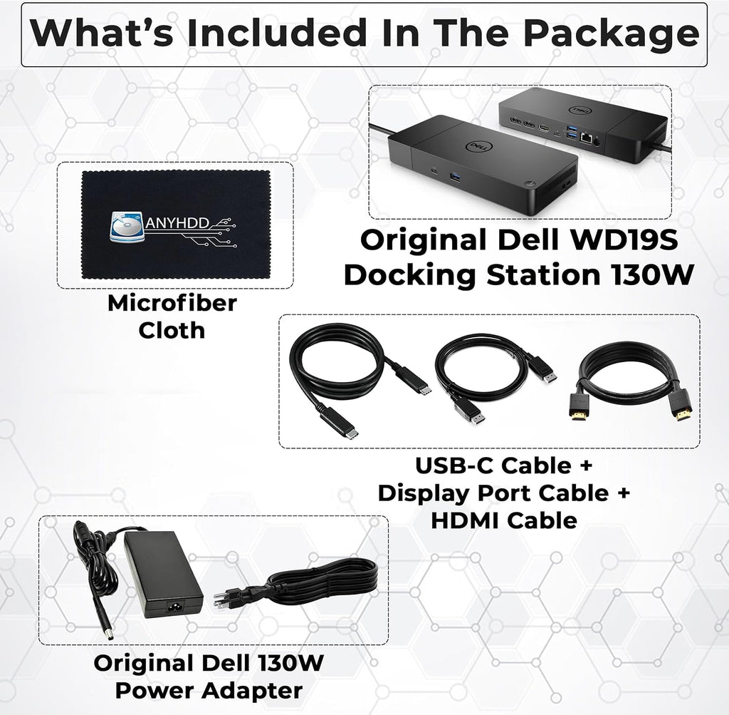 Dell WD19S Docking Station 130W (90W Power Delivery), Dell Docking Station for Laptop with 130W Power Adapter + HDMI + DisplayPort + USB-C Cable + Microfiber Cloth (Renewed)