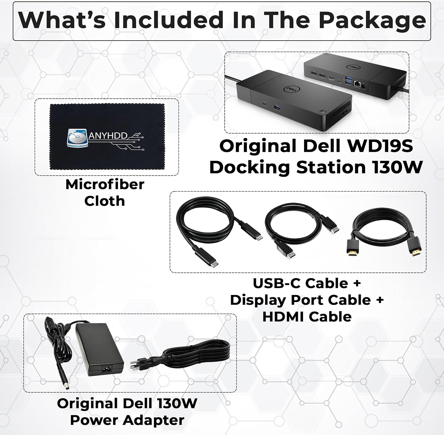 Dell WD19S Docking Station 130W (90W Power Delivery), Dell Docking Station for Laptop with 130W Power Adapter + HDMI + DisplayPort + USB-C Cable + Microfiber Cloth (Renewed)