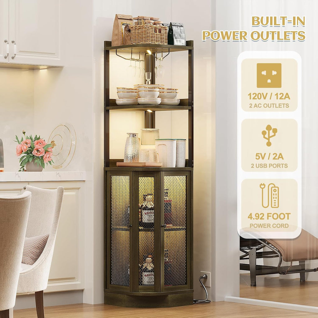 EOYUTLLY Corner Bar Cabinet with with Power Outlet and LED Strip, 65' H 5-Tier Corner Liquor Wine Display Cabinet for Home, Bar and Storage Solution, for Living Room, Kitchen, Home Bar, Gray