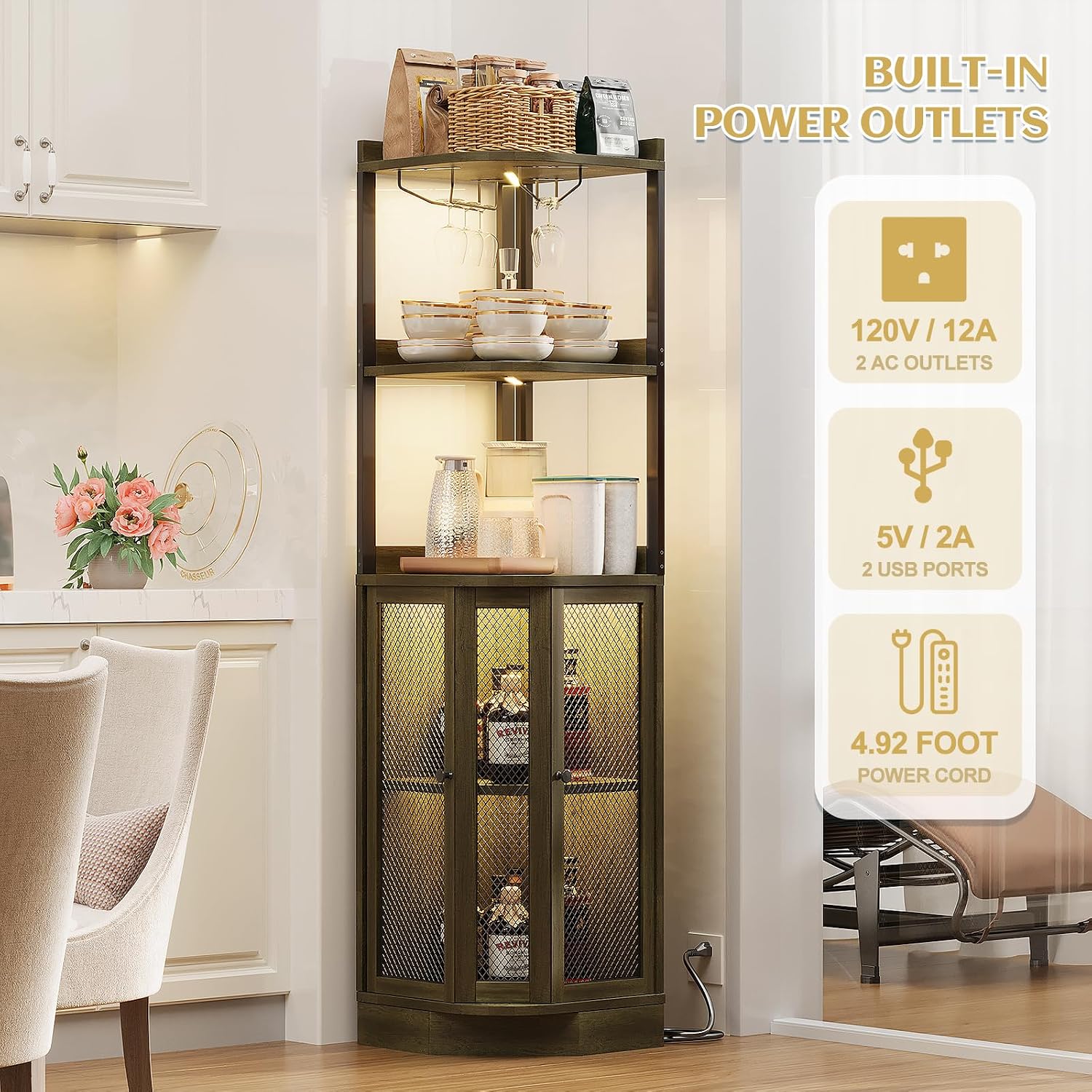 EOYUTLLY Corner Bar Cabinet with with Power Outlet and LED Strip, 65' H 5-Tier Corner Liquor Wine Display Cabinet for Home, Bar and Storage Solution, for Living Room, Kitchen, Home Bar, Gray