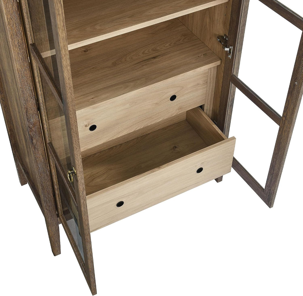Modway Nolan Modern Farmhouse 71 Inch Tall Arched Storage Display Cabinet in Walnut Hickory Wood Grain - 4-Tier Bookcase with Glass Doors and Shelves - Arch Accent Cabinet for Living Room