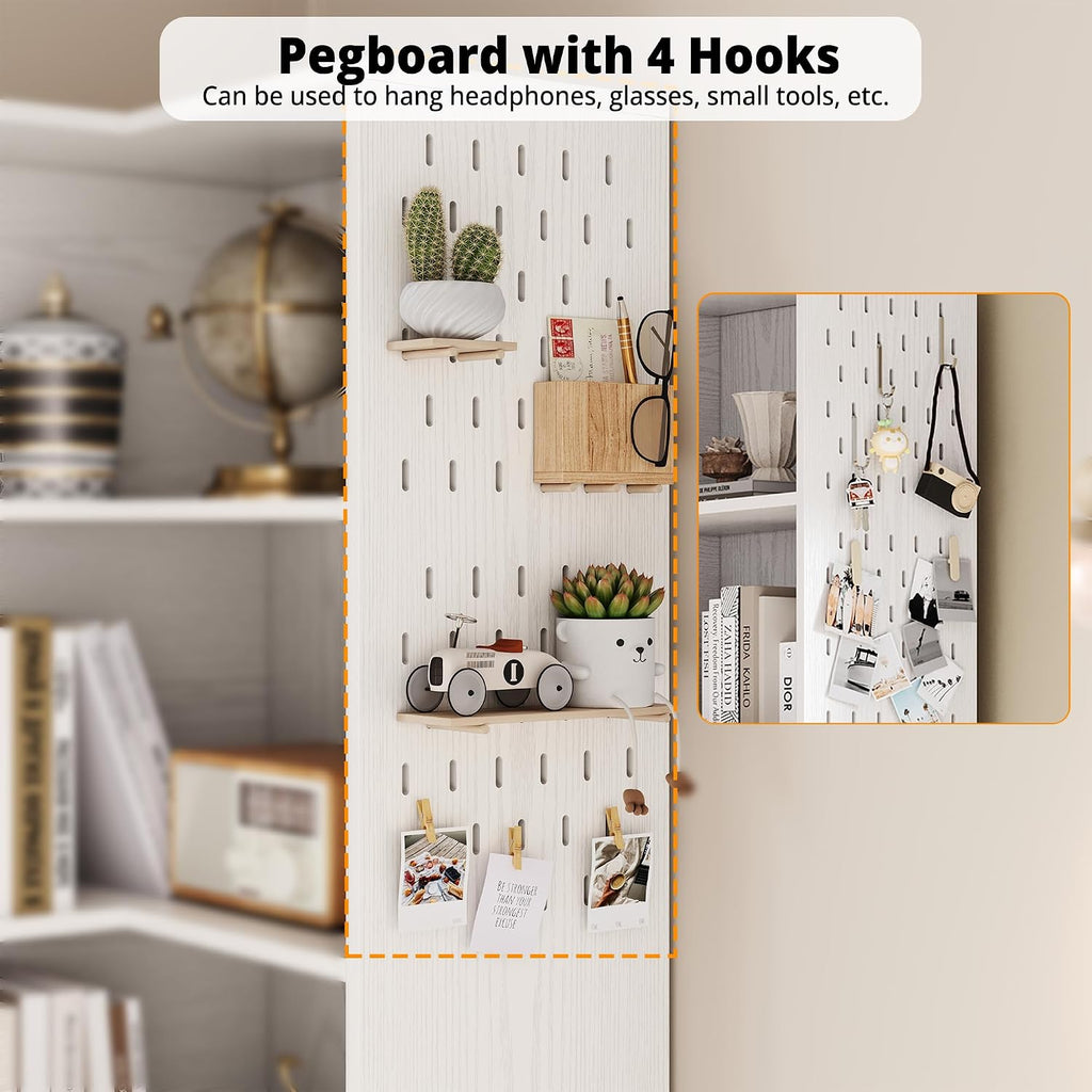 IRONCK Corner Bookshelf with LED Lights, 78.7' Tall Corner Bookshelves with 2 Drawers & Transparent Doors, 7 Tiers L-Shaped Bookcase with Open Shelves and Pegboards for Living Room, Home Office, White