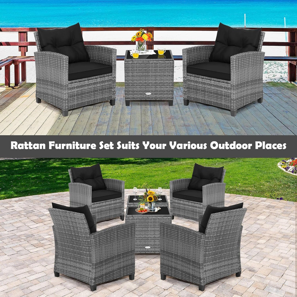 Tangkula 3 Pieces Patio Furniture Set, Outdoor PE Rattan Conversation Chair Set with Tempered Glass Side Table and Removable Cushions, PE Wicker Chairs and Table Set for Porch, Balcony and Garden