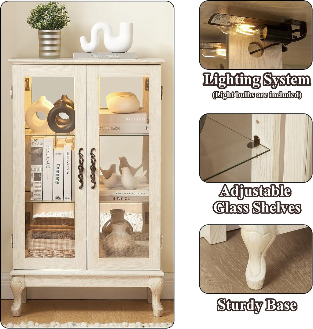 43' H Lighted Curio Cabinet Display Case, Glass Curio Cabinet with Adjustable Shelves & Tempered Glass Door, Wooden Cabinets with Mirrored Back Pane for Living Room (Antique White)