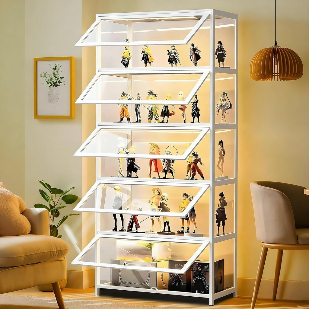 Display Cabinet with Acrylic Glass Door, 5 Tier Curio Display Case, Collectibles Toy Organizers Rack & Display Shelf, Kids Bookcase for Bedroom, Reading Nook, Toddler's Room, Bamboo