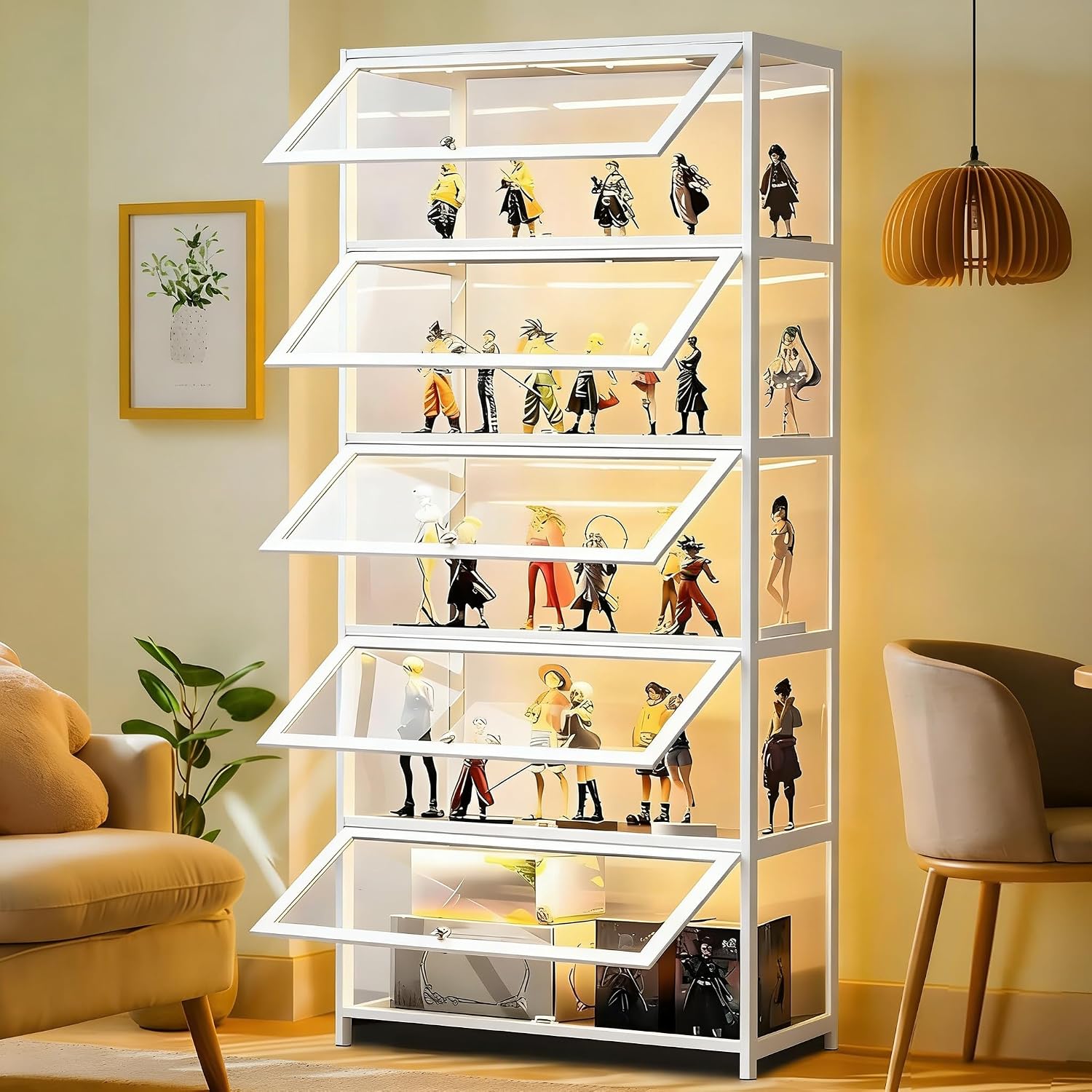 Display Cabinet with Acrylic Glass Door, 5 Tier Curio Display Case, Collectibles Toy Organizers Rack & Display Shelf, Kids Bookcase for Bedroom, Reading Nook, Toddler's Room, Bamboo