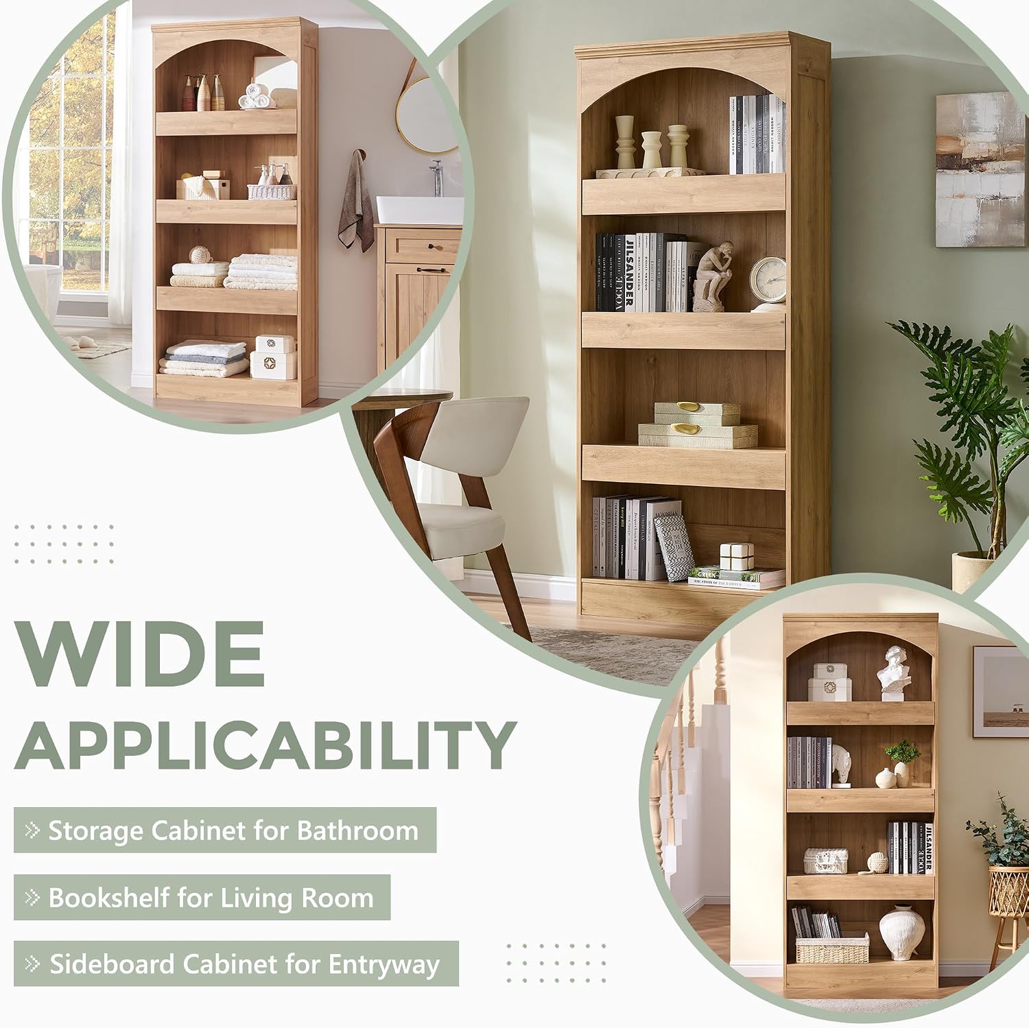 IFGET 76' Tall Arched Bookcase with 1PC Magnetic Lock Drawer, Modern Wooden Arch Bookshelf w/3 Pull-Out Drawers, Farmhouse 4 Tiers Book Shelf w/Open Shelves for Living Room, Office (Natural)