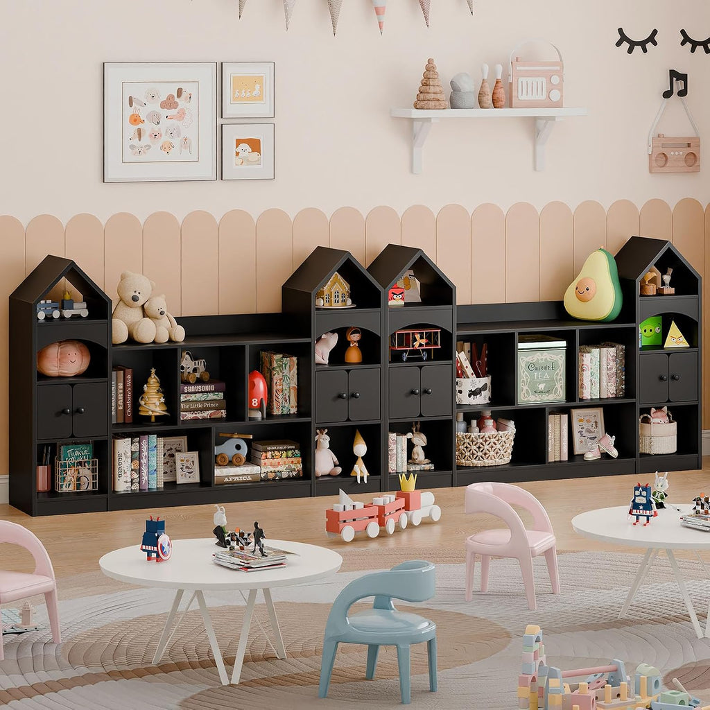Vabches Castle Shape Children's Bookshelf, Kids Bookcase Display Case Kids Toy Storage Organizer Multifunctional Storage Cabinet Bookshelf Suitable for Playroom, Children's Room, Living Room, Black
