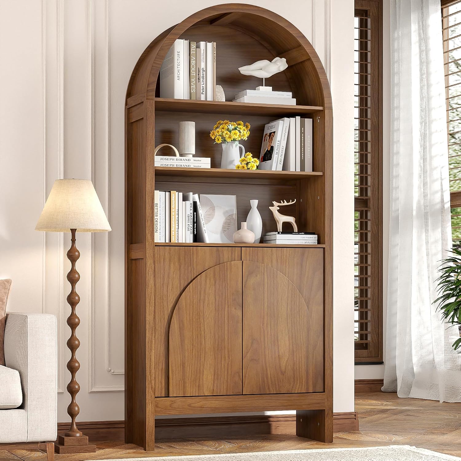 Mid Century Arched Display Cabinet with Doors, 5 Tier Tall Display Case, 71 Inch Storage Cabinet, Large Arch Bookcase, Wooden 5 Shelf Book Shelf, Office, Brown, Walnut