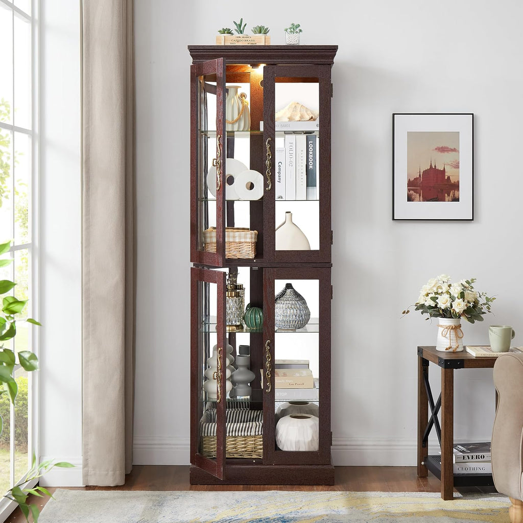 Lighted Glass Curio Cabinet with Lights & Adjustable Shelves,Curio Display Cabinet with Wood Frame,Corner Cabinet for Kitchen,Living Room,Office(Free Standing,Light Bulb Include)