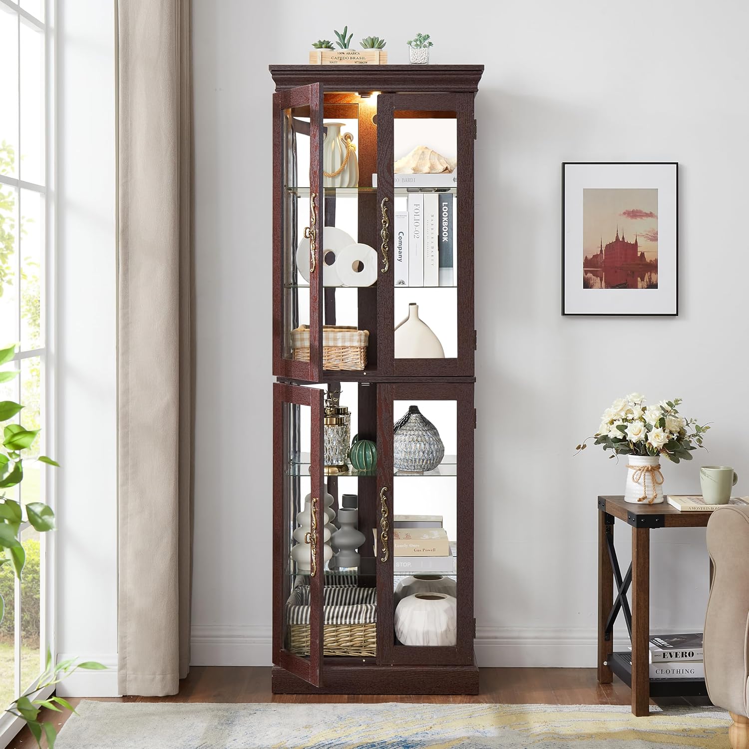Lighted Glass Curio Cabinet with Lights & Adjustable Shelves,Curio Display Cabinet with Wood Frame,Corner Cabinet for Kitchen,Living Room,Office(Free Standing,Light Bulb Include)