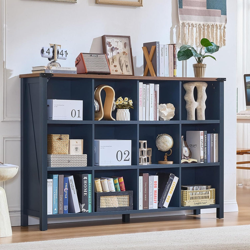 Joaxswe 12 Cube Storage Organizer, Farmhouse 62 Inch Wide Navy Blue Display Bookshelf, Wooden 3 Tier Large Open Book Shelf, Vintage Bookcase for Home Office, Cubby Cabinet for Living Room, Bedroom