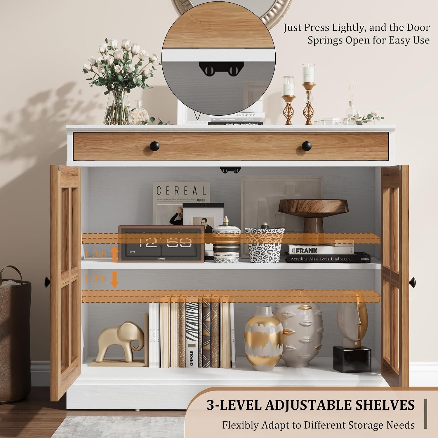 GarveeHome 35.4 in Sideboard Buffet Cabinets with Glass Door, Buffet Cabinet with Storage, White&Brown Sideboard Cabinet with Drawer, Modern Buffets & Sideboards for Dining Room, Kitchen
