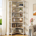 Tribesigns Corner Shelf, 7-Tier Industrial Corner Bookshelf, Wood and Metal Corner Etagere Bookcase, Freestanding Display Shelf for Living Room, Kitchen, Home Office, White and Walnut