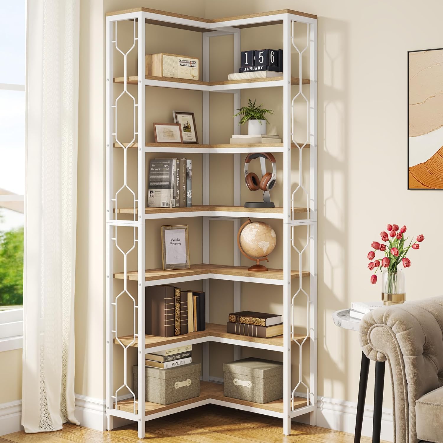 Tribesigns Corner Shelf, 7-Tier Industrial Corner Bookshelf, Wood and Metal Corner Etagere Bookcase, Freestanding Display Shelf for Living Room, Kitchen, Home Office, White and Walnut