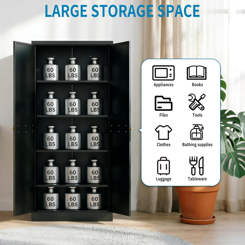 5-Tier Black Steel Pantry Storage Cabinet with 2 Doors & 4 Adjustable Shelves, Tall Metal Cabinets for Kitchen, Living Room, Garage, Heavy Duty Freestanding Utility Cabinet, Assembly Require