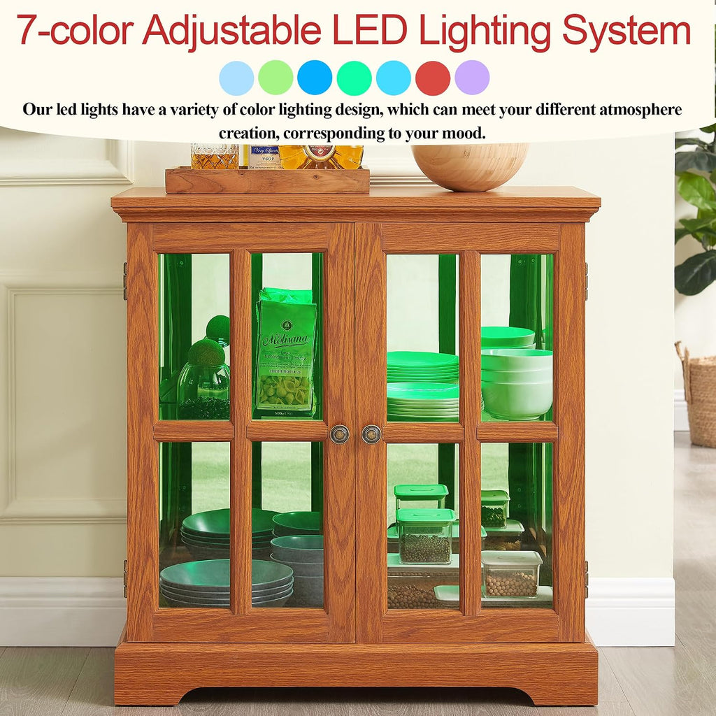 30' Glass Curio Display Storage Cabinet with LED Light, Modern 2 Lattice Doors Tableware Display Sideboard w/Adjustable Shelves, Retro Design Quality Showcase Bookcase for Home (Dark Oak)