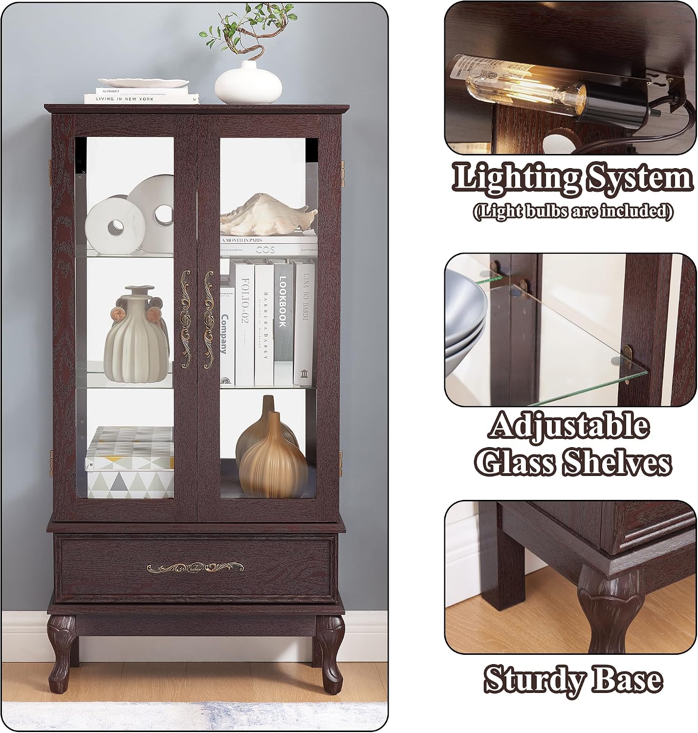 51' H Lighted Curio Cabinet Display Case, Glass Curio Cabinet with Adjustable Shelves,Tempered Glass Door and Drawer, Wooden Cabinets w/Mirrored Back Pane for Living Room (Dark Cherry)
