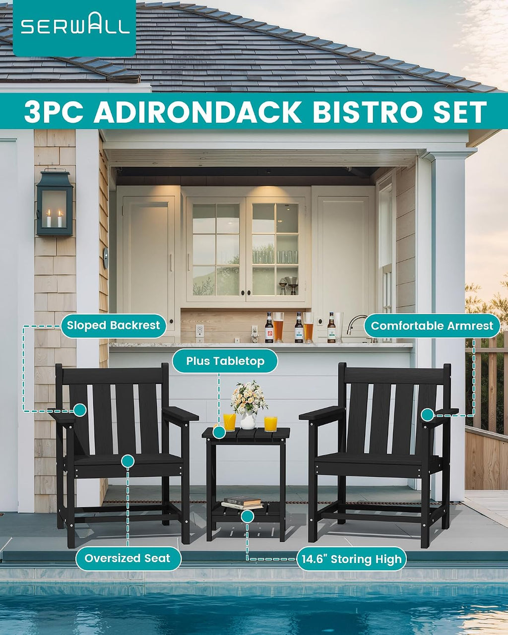 SEWRWALL 3 Pieces Patio Bistro Set, All Weather Adirondack Chair Set with Side Table, HDPE Material Outdoor Patio Furniture Set for Balcony, Porch, Garden, Backyard- Black
