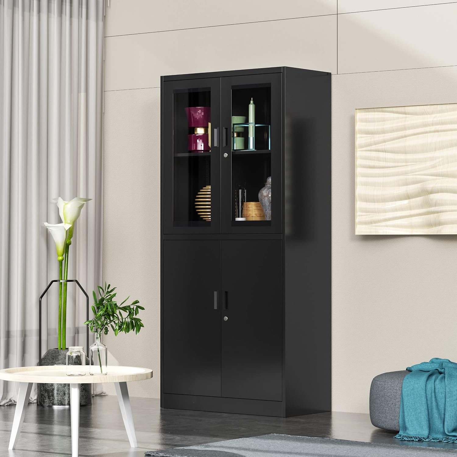 71'H Display Cabinet with Adjustable Shelves, 4 Door Display Cabinets with Glass Door, Black Metal Display case, Locking Steel Storage Caninet for Home/Office/Living Room -Assembly Required