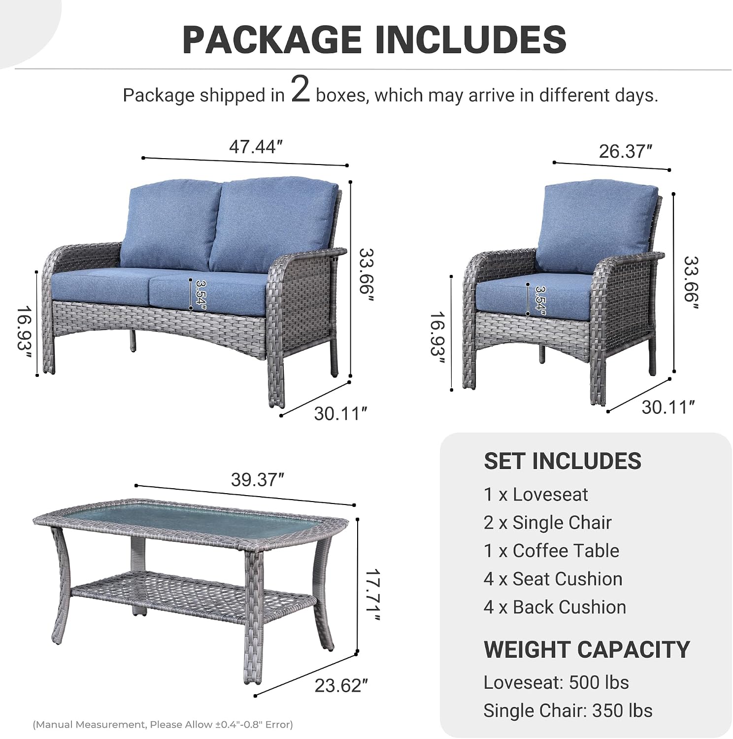 ovios 4-Piece Patio Furniture Set, Outdoor Wicker Sofa with Chairs Coffee Table, High Back Rattan Couch Loveseat with Comfy Cushions for Porch Yard Deck, Denim Blue