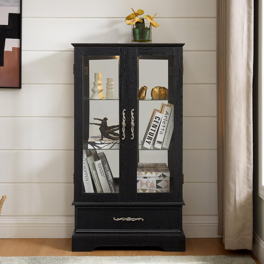 3-Tier Lighted Glass Curio Display Cabinet, 47' H Glass Accent Storage Cabinet with Adjustable Shelves & 1 Drawer, Wooden Wine Display Case with Mirrored Back Panel for Living Room (Black)