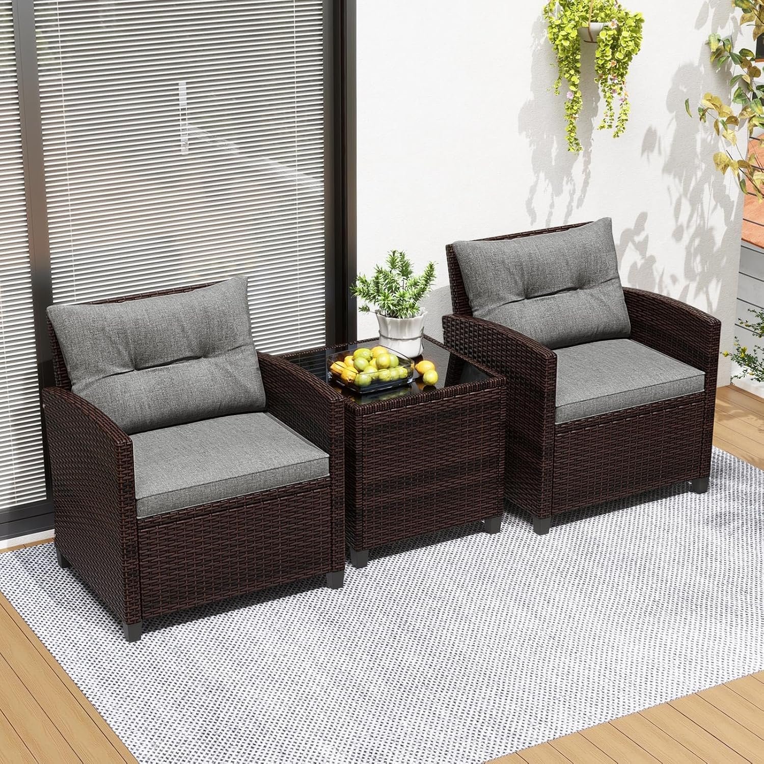 Tangkula 3 Pieces Patio Furniture Set, PE Rattan Wicker 3 Pcs Outdoor Sofa Set w/Washable Cushion and Tempered Glass Tabletop, Conversation Furniture for Garden Poolside Balcony (Grey)
