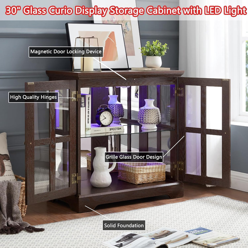 30' Glass Curio Display Storage Cabinet with LED Light, Modern 2 Lattice Doors Tableware Display Sideboard w/Adjustable Shelves, Retro Design Quality Showcase Bookcase for Home (Cherry)