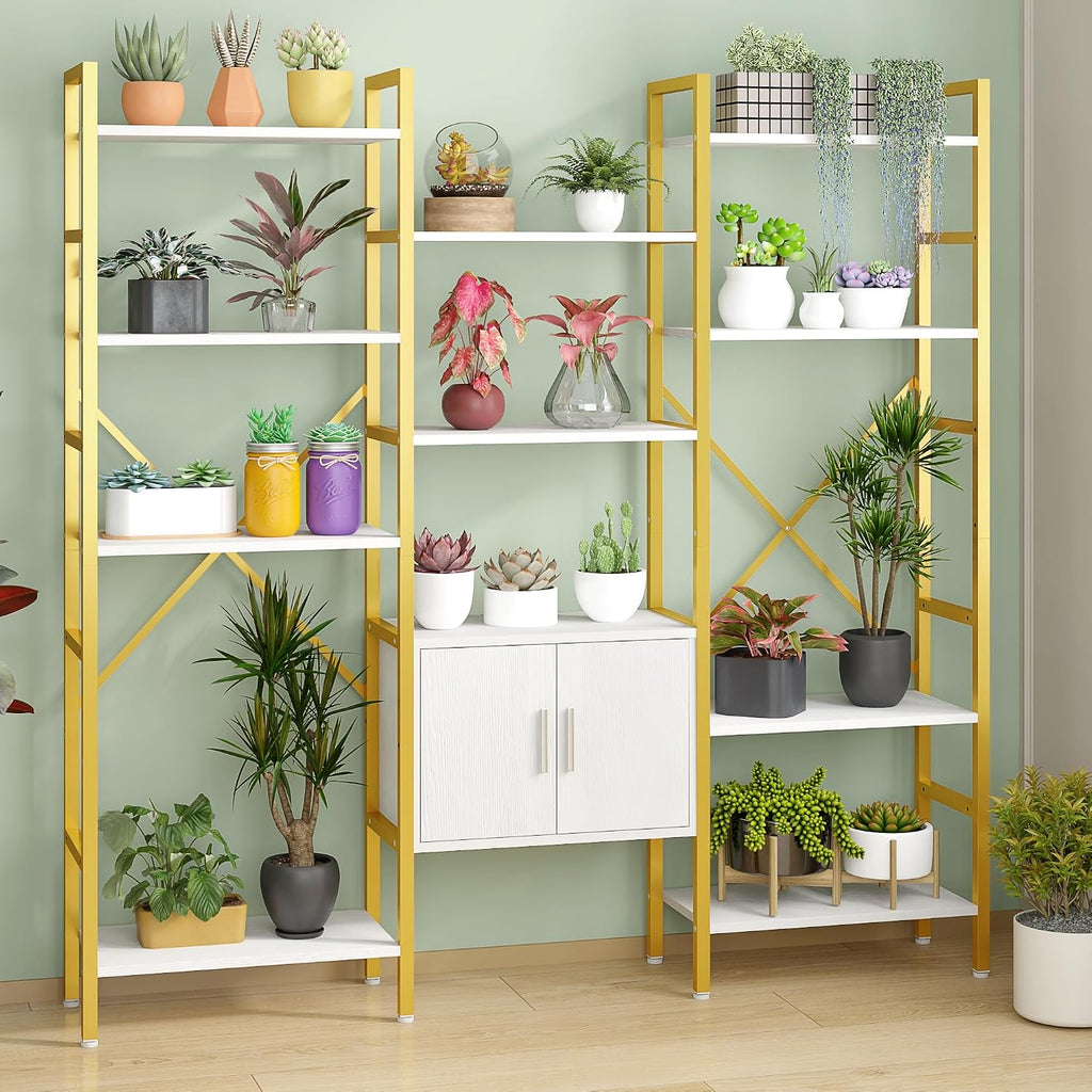 Yusong Bookshelf Triple Wide 5 Tier Bookcases with Storage Cabinet, Industrial Large Modern Tall Bookshelves with 12 Open Display Shelves for Living Room Office Bedroom, White and Gold