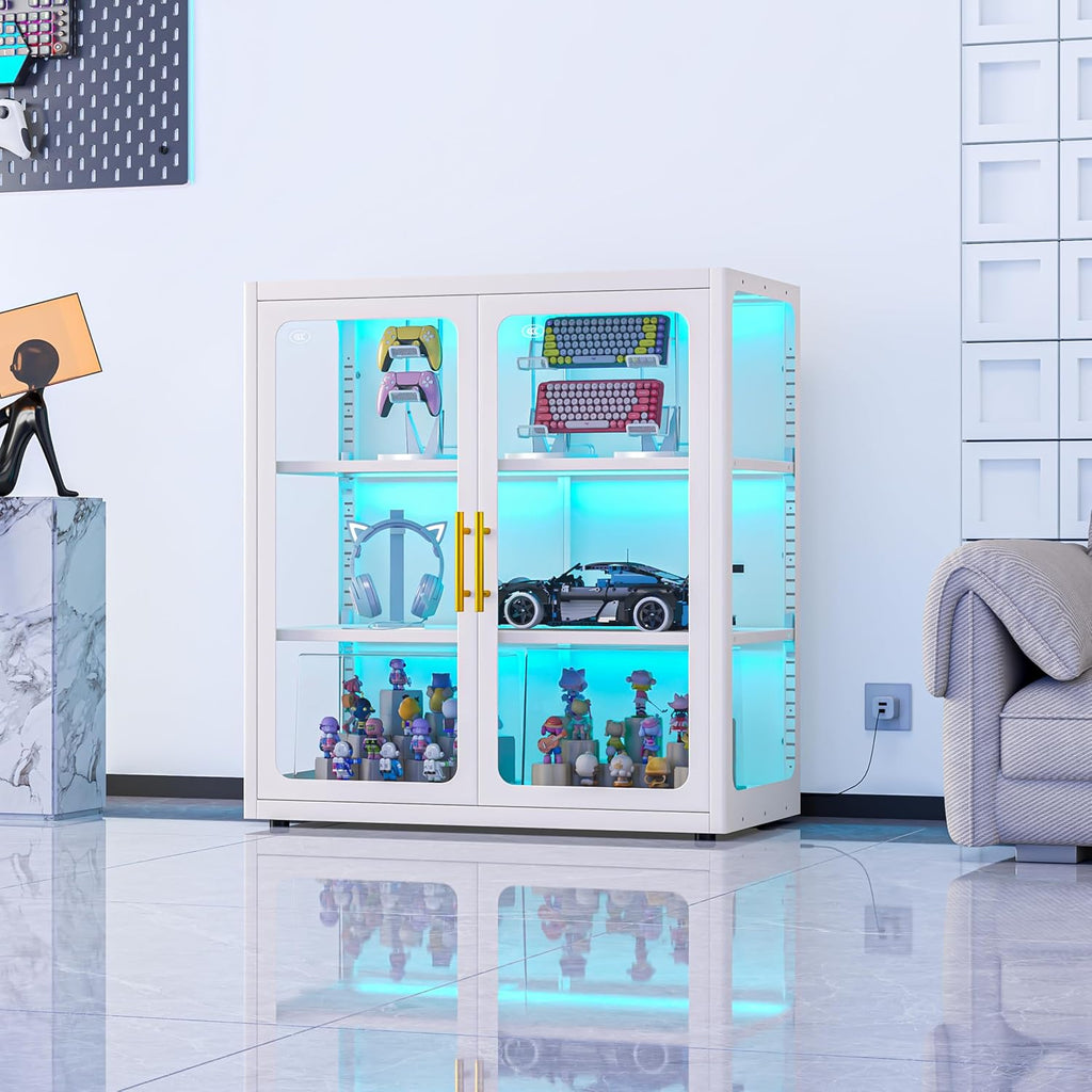 PAOFIN 34' Display Cabinet with Glass Doors, Curio Cabinet with Many Color Lights for Collectibles, Glass Display Case, Bookcase with 2 Shelves, Storage Cabinets, Assembly Required White