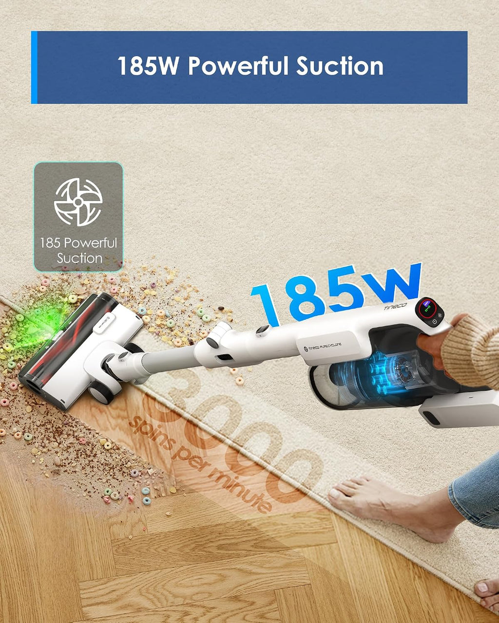 Tineco Cordless Stick Vacuum Cleaner, 185W Suction,1L Larger Dustbin, 3DSense Power Brush, PureCyclone Tech, Easily Tackles Large Debris