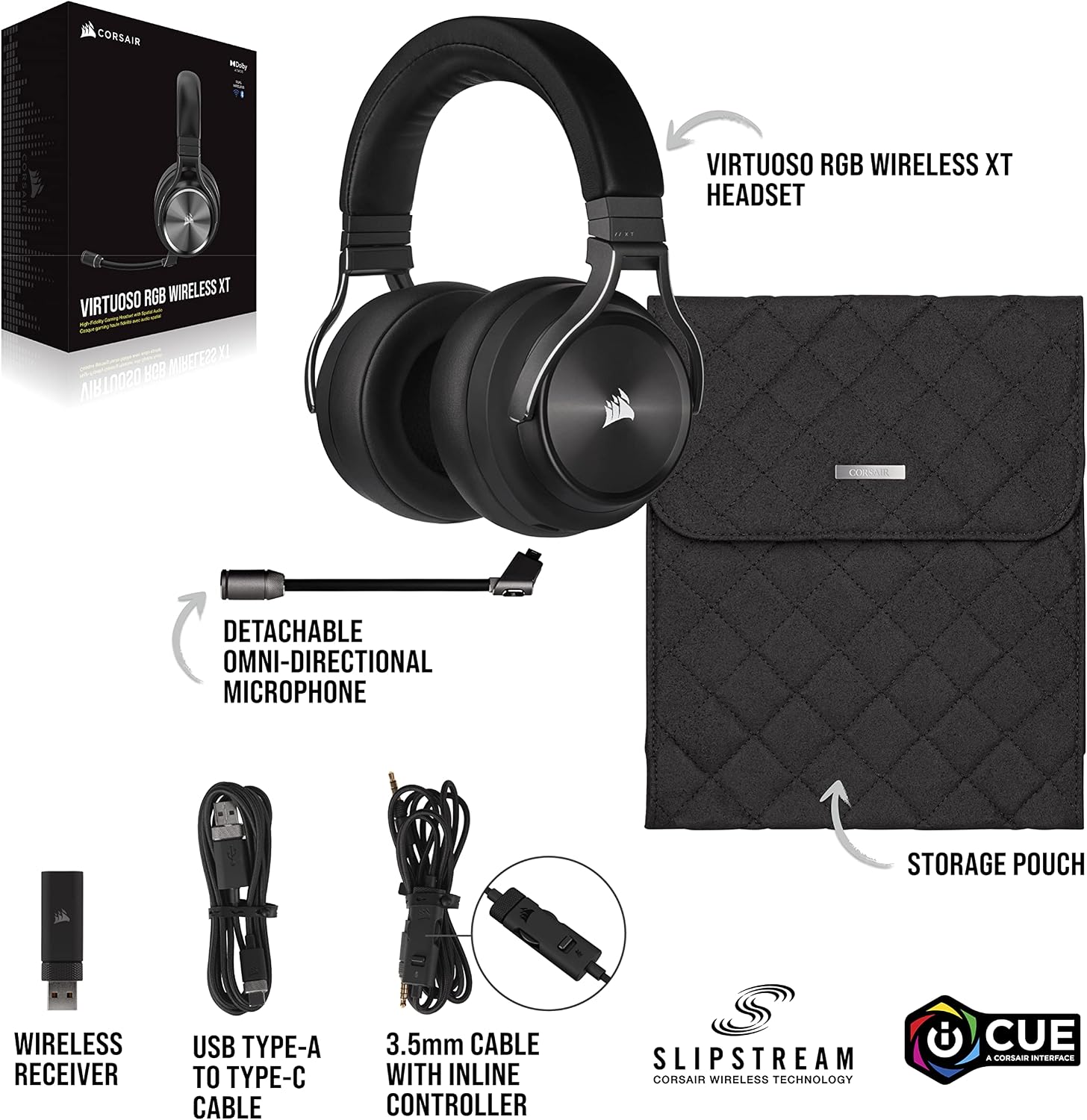 Corsair Virtuoso RGB Wireless XT Multiplatform Gaming Headset with Bluetooth - Dolby Atmos - Broadcast Quality Microphone - iCUE Compatible- PC, Mac, PS5, PS4, Nintendo Switch, Mobile - Black