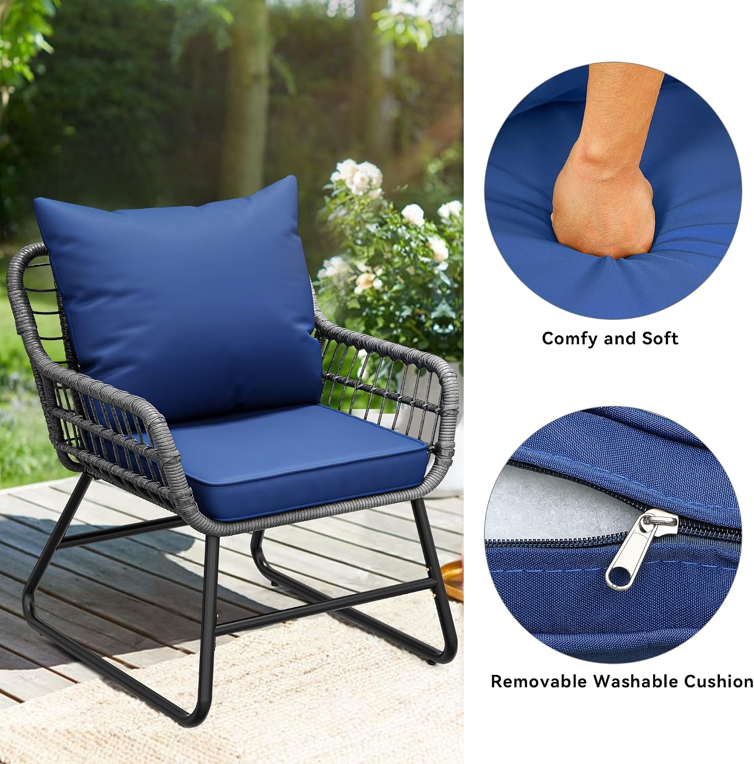 YITAHOME 4 Piece Patio Furniture Set, Wicker Outdoor Bistro Set, All Weather Rattan Patio Conversation Set with Soft Cushions and Glass Side Table for Backyard, Balcony, Deck - Navy Blue