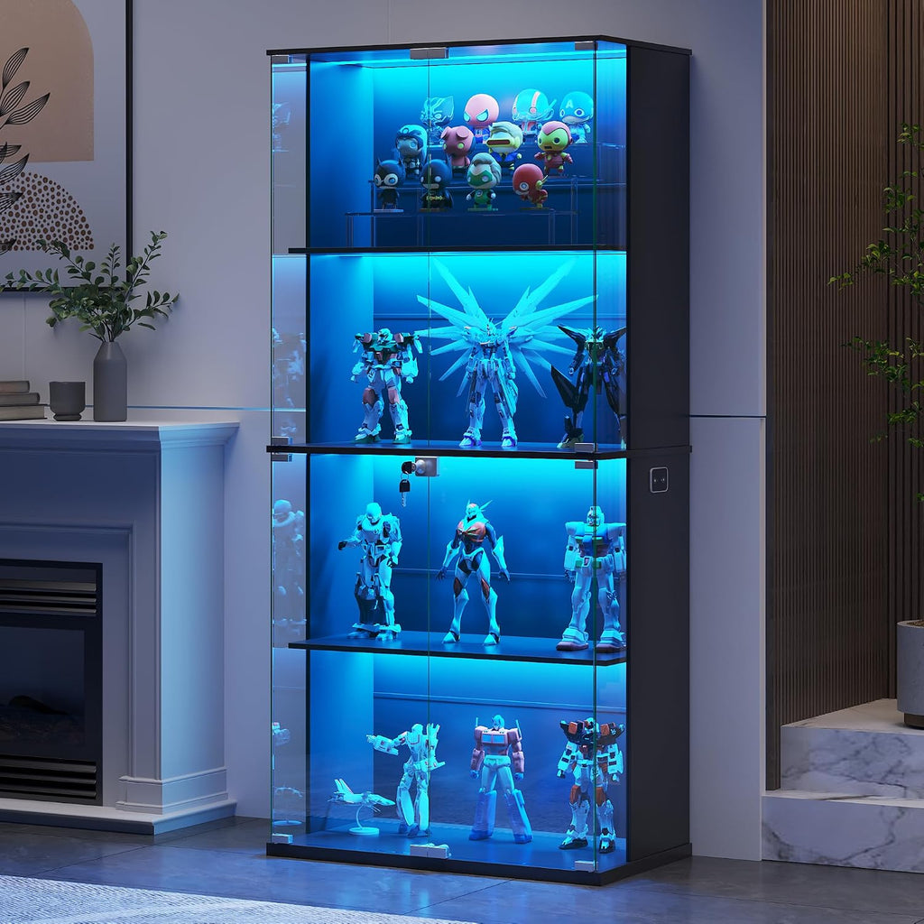 Display Cabinet with Glass Door,Lighted 4-Tier Curio Cabinet with3 Color Lights for Collectibles Bookcases,66' Lockable Display Case with Human Body Sensor,Black