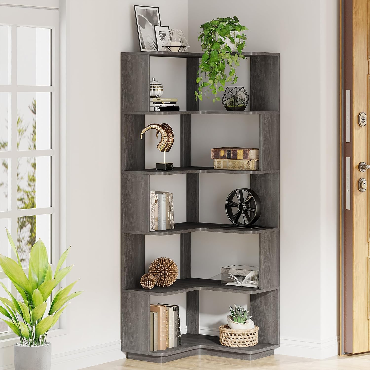 Tribesigns 6-Tier Corner Bookshelf, 64.9 Inches Tall Corner Bookcase with Anti-Drop Panel, Modern Freestanding Shelf Display Rack Storage Organizer for Home Office, Living Room, Grey