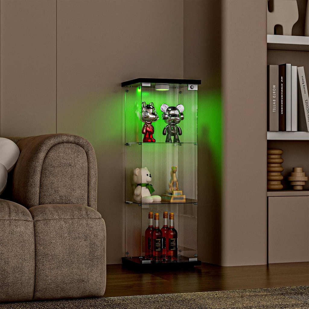 FANYUSHOW 3-Shelf Glass Display Cabinet with LED Light, Upgraded Quick-Install Style Curio Cabinets 5mm Tempered Glass Bookshelf for Bedroom, Living Room 49.1'x 16.7'x 14.3' Black