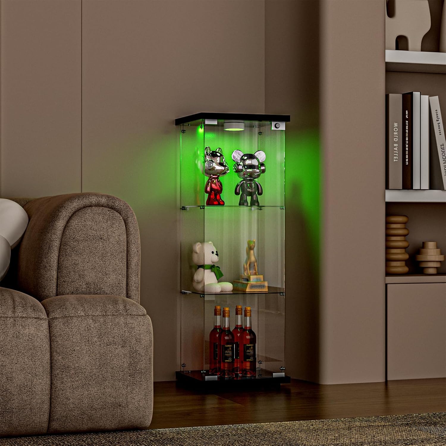 FANYUSHOW 3-Shelf Glass Display Cabinet with LED Light, Upgraded Quick-Install Style Curio Cabinets 5mm Tempered Glass Bookshelf for Bedroom, Living Room 49.1'x 16.7'x 14.3' Black
