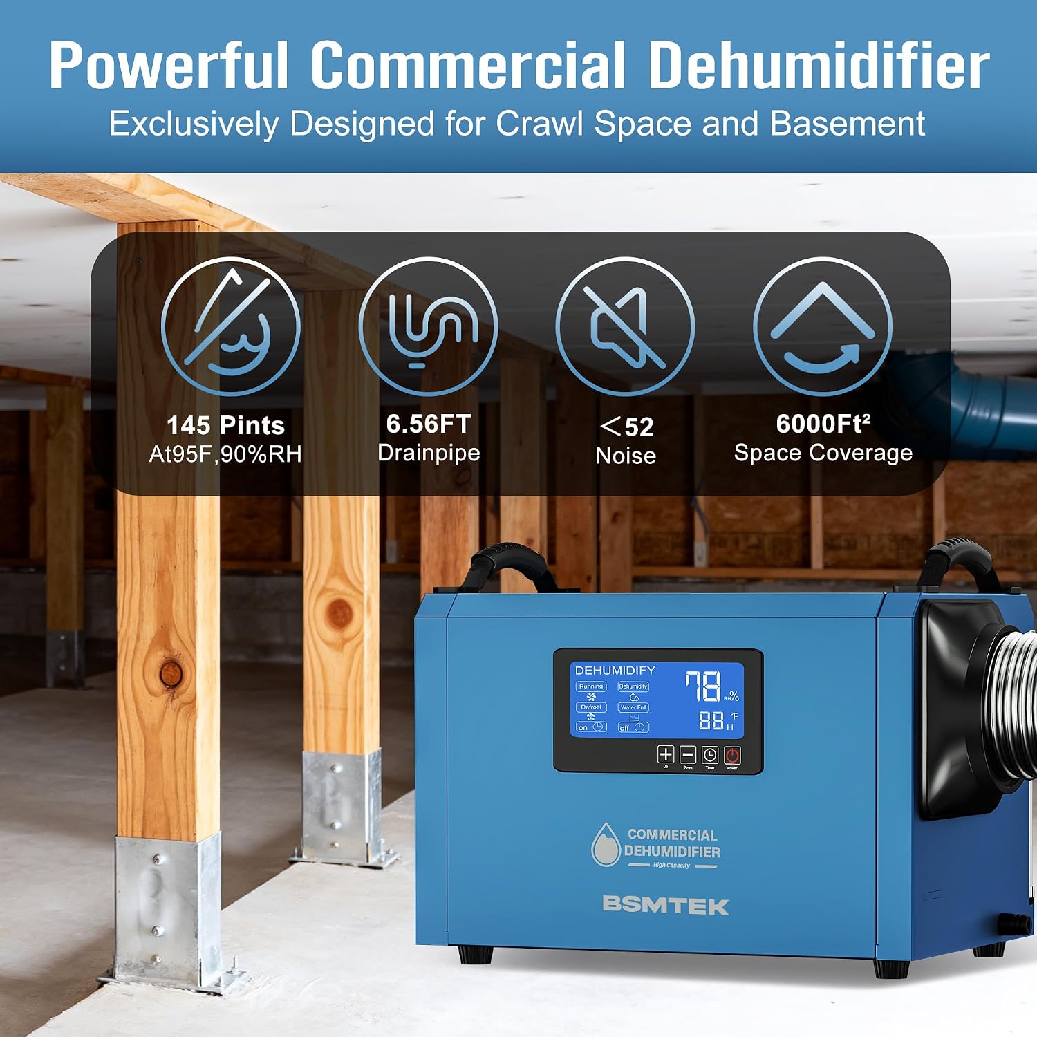 145 Pints Commercial Dehumidifier for Large Basements & Crawl Spaces up to 6500 Sq.Ft, Industrial Dehumidifiers for Water Damage Restoration, Auto Defrost, Continuous Drain Hose, Blue-2PC