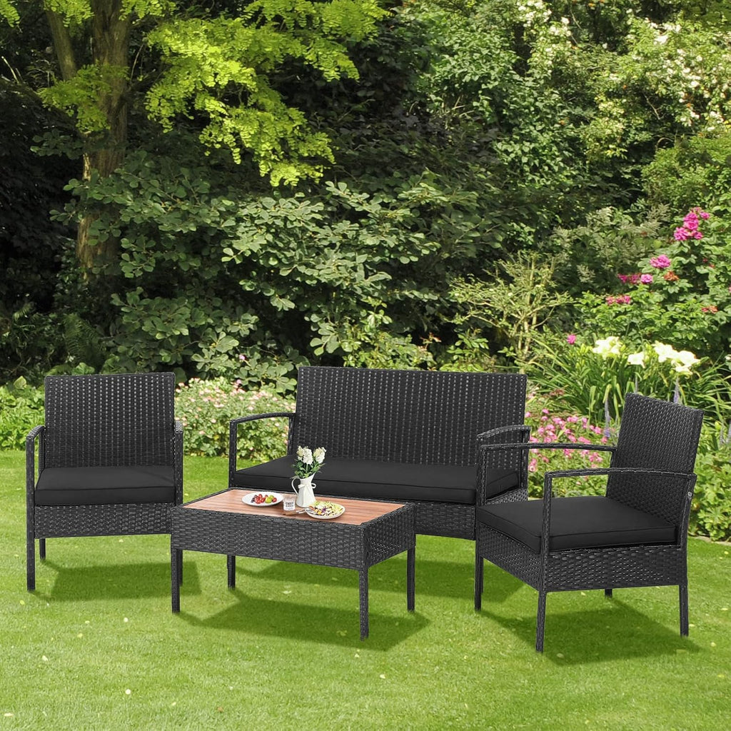 Tangkula 4 Piece Patio Rattan Conversation Set, Outdoor Wicker Sofa Furniture with Loveseat & 2 Single Chairs, Acacia Wood Tabletop, Outside Sectional for Poolside, Deck, Garden (1, Black)