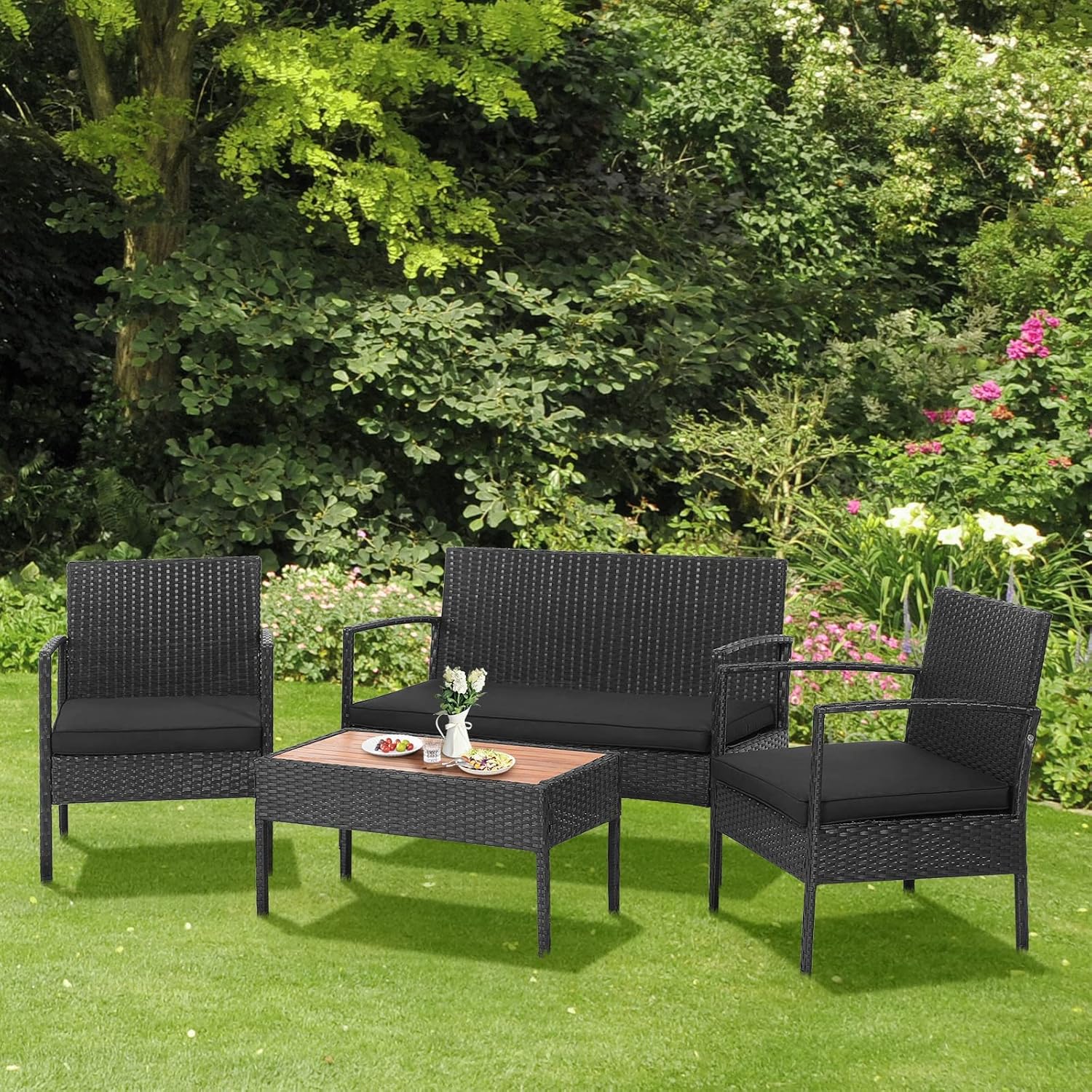 Tangkula 4 Piece Patio Rattan Conversation Set, Outdoor Wicker Sofa Furniture with Loveseat & 2 Single Chairs, Acacia Wood Tabletop, Outside Sectional for Poolside, Deck, Garden (1, Black)