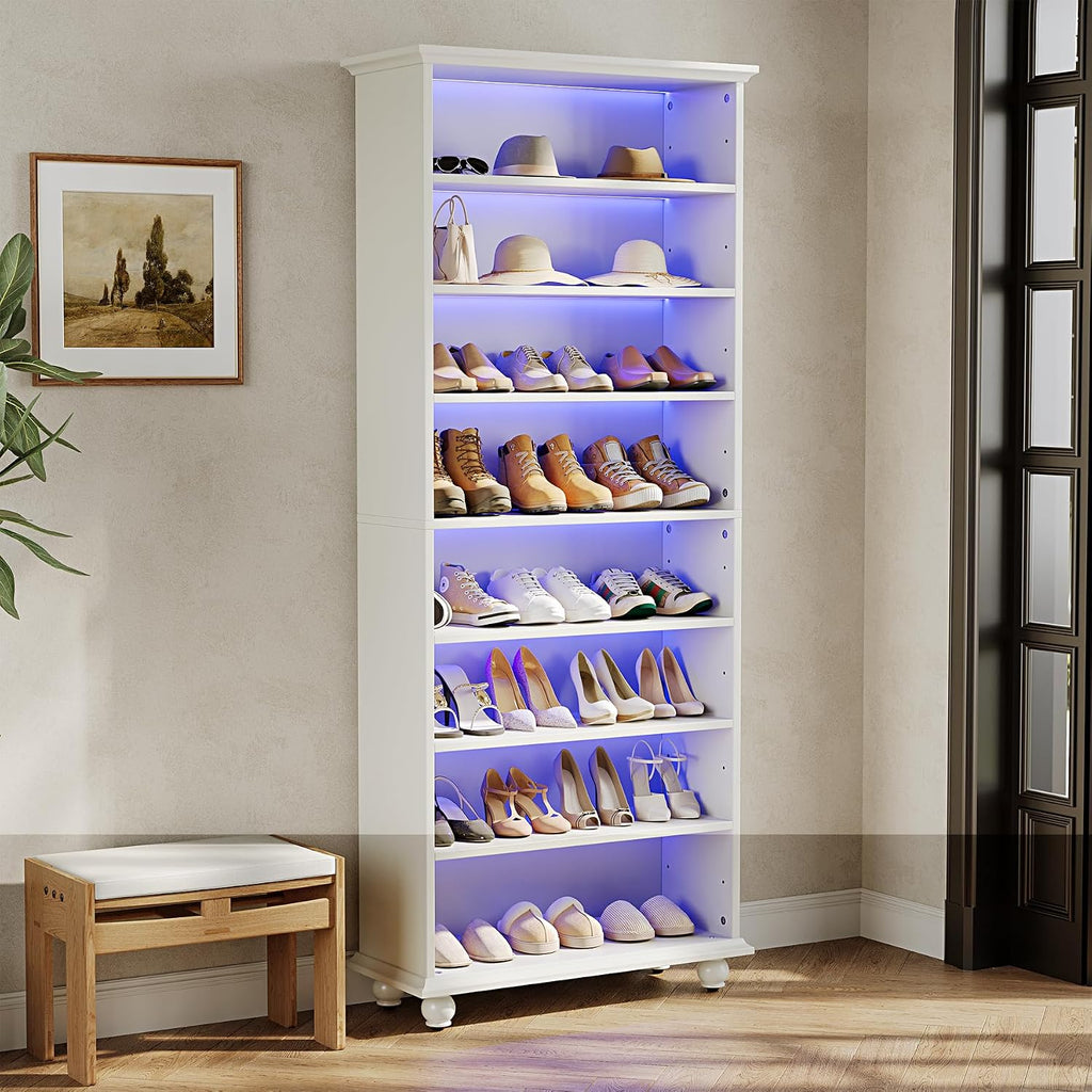 LITTLE TREE 69-Inch Tall Shoe Cabinet with LED Light Strip & Adjustable Shelves, White Wooden 8-Tier Shoes Display Cabinet for 26 Pairs, Freestanding Modern Shoe Cabinet for Entryway