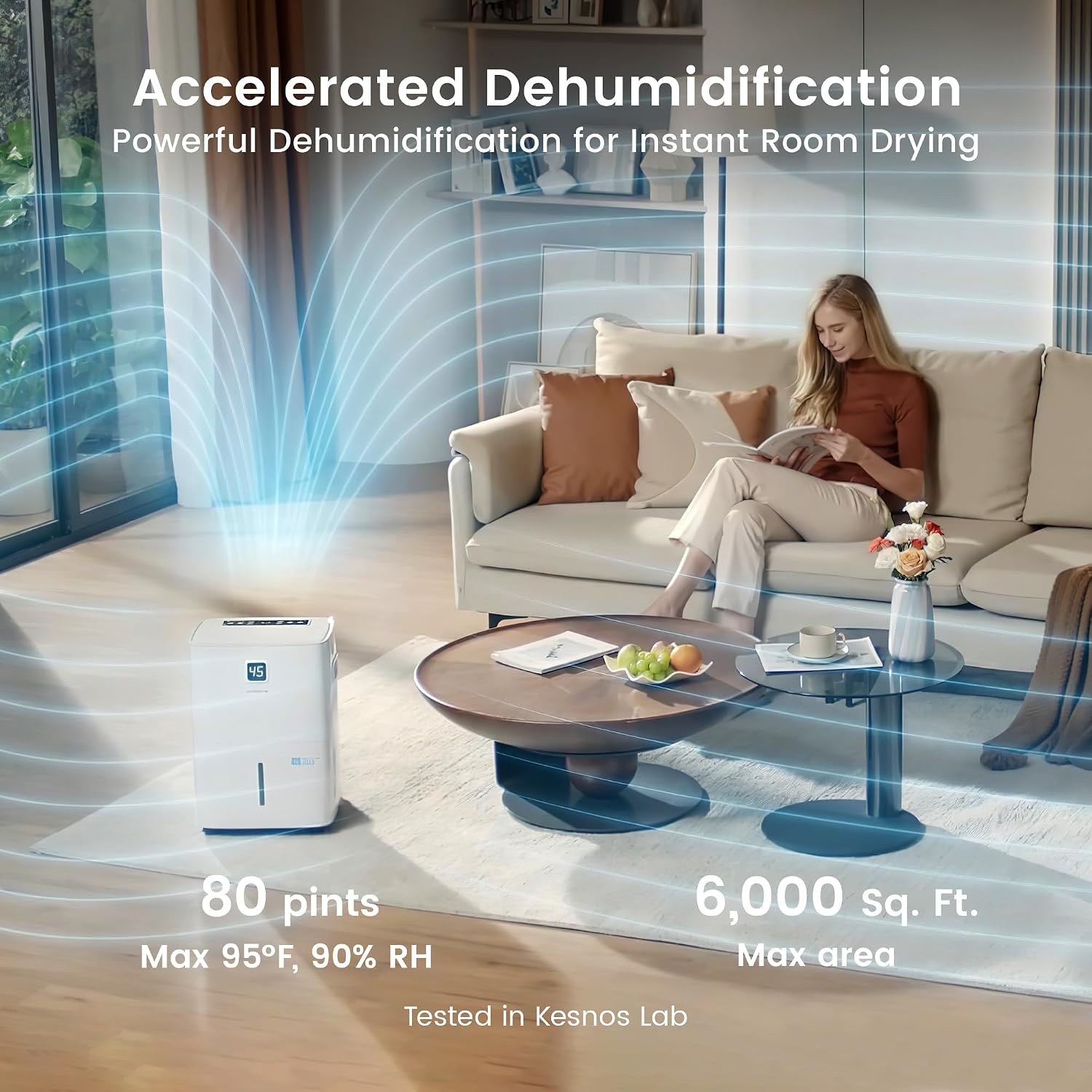 Kesnos 6,000 Sq. Ft. 80 Pints Energy Star Dehumidifier for Home & Basement with Drain Hose, Front LED Display and 1.06 Gal Water Tank, Auto Defrost, Timer