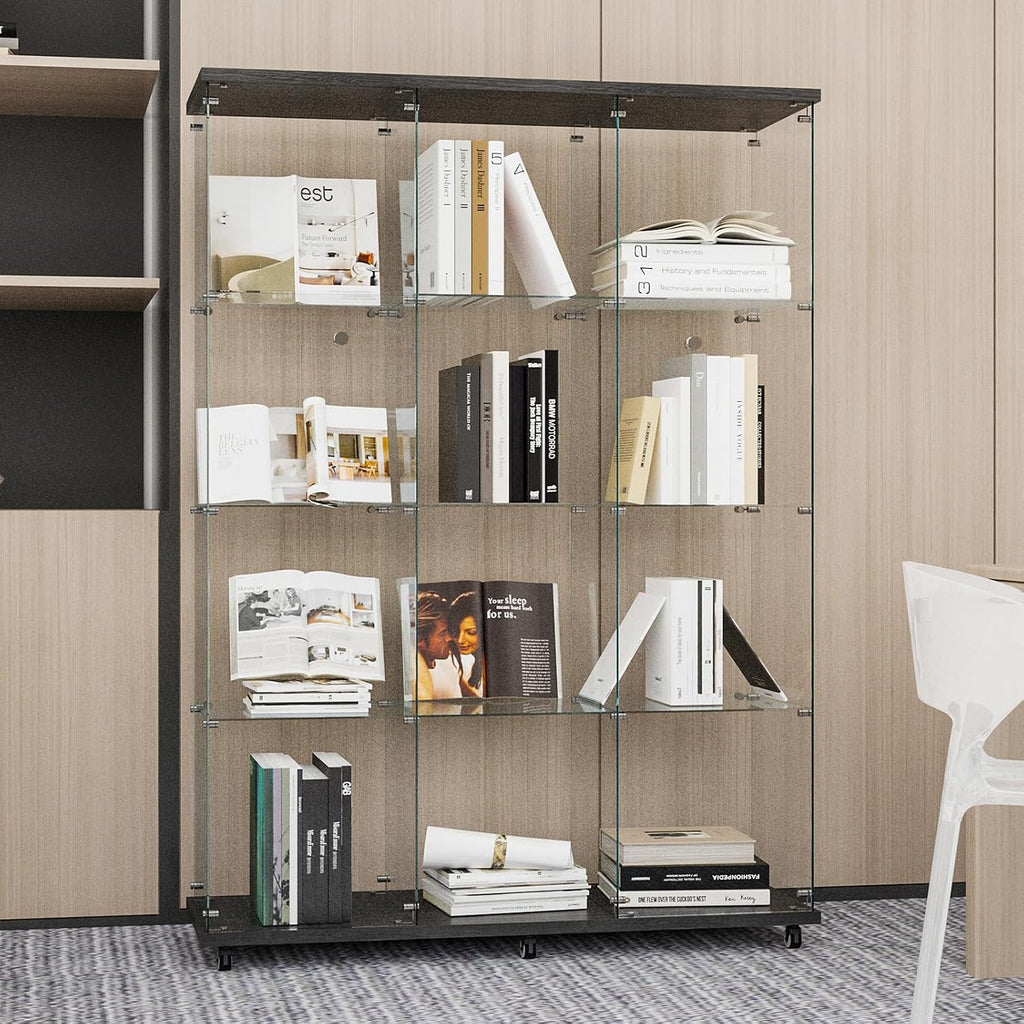 Beauty4U Glass Display Cabinet with 12 Shelves, Extra Large 3 Columns 2 Doors Curio Cabinets for Living Room, Bedroom, Office, Black Floor Standing DIY Glass Bookshelf, Quick Installation