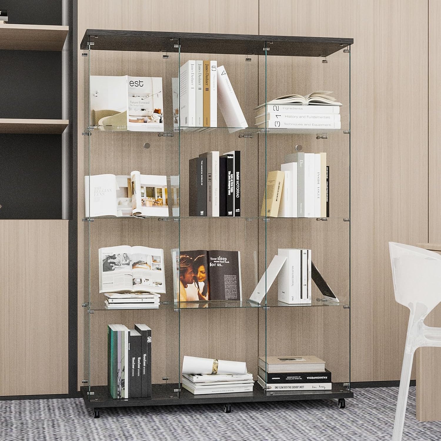 Beauty4U Glass Display Cabinet with 12 Shelves, Extra Large 3 Columns 2 Doors Curio Cabinets for Living Room, Bedroom, Office, Black Floor Standing DIY Glass Bookshelf, Quick Installation