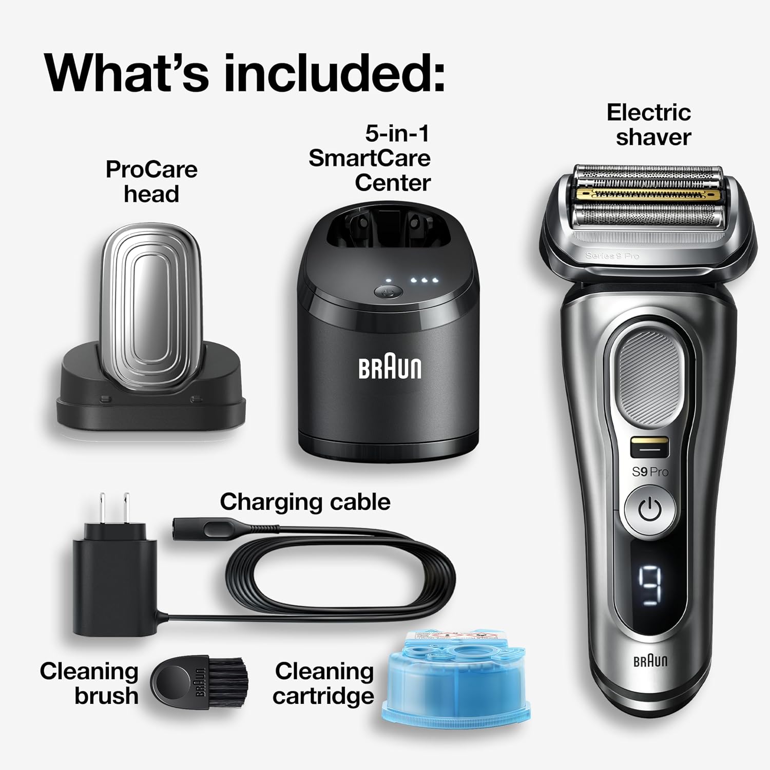 Braun Series 9 Pro 9487cc Electric Razor for Men, Wet & Dry, Rechargeable, Electric Shaver with Clean & Charge Station and ProCare Attachment, Holiday Gifts for Men