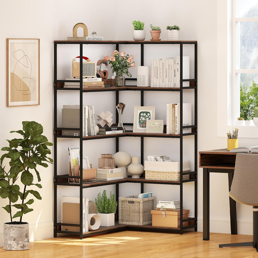 Giantex 5-Tier Corner Bookshelf, 71' L-Shaped Bookcase, Tall Etagere Bookshelf with Metal Frame, Industrial Open Display Shelf, Vertical Storage Rack for Living Room, Study, Office (Rustic Brown)